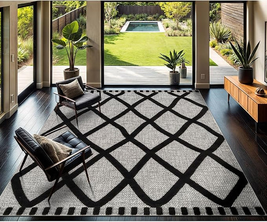 CAMILSON Modern Rug 8x10 Luxury Diamond Pattern Micro Loop Area Rugs Soft High-Low Pile Stain Resistant Easy to Clean Non-Shedding Durable Living Room Bedroom Indoor Carpet (Black/Gray)