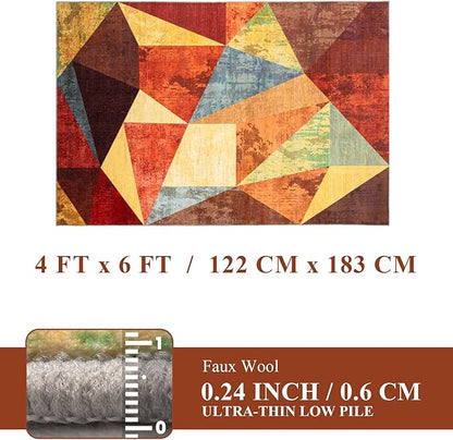 YIHOUSE Brown Area Rug 4x6,Geometric Burnt Orange Area Rug Non Slip,Farmhouse Rugs Washable,Vintage Burgundy Carpets for Bedroom, Boho Rug for Kitchen,Dining Room