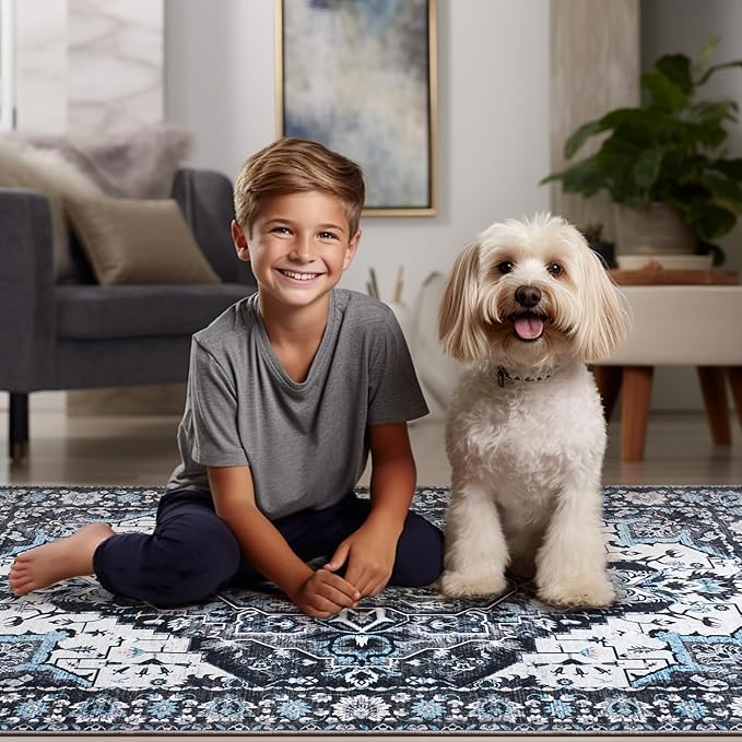 Area Rug for Living Room, 6x9 Machine Washable Non Slip Large Faux Wool Throw Rug, 0.3″ Low Pile & Non-Shedding Boho Large Carpet Rugs for for Dining Room, Bedroom, Office (Black)