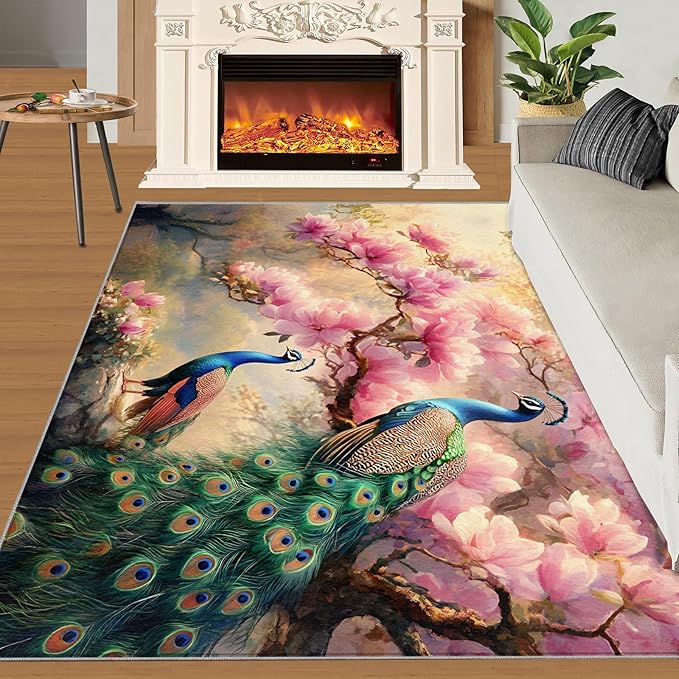 Peacock Magnolia Rug Large - 5x8 Rug, Pink Magnolia Washable Rugs for Living Room, Classic Carpet, Peafowl Non-Slip Area Rugs for Bedroom, Aesthetics Carpet - Peafowl Home Decor & Gifts