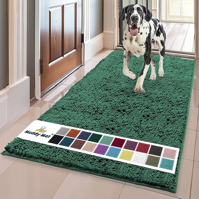 Muddy Mat® | Super Absorbent Door Mat Indoor, Microfiber Quick Dry Chenille Entryway Rug, Non-Slip Front Door Mat, Indoor Mats for Entryway, Machine Washable Pet Rug, Dark Green 36"x60"