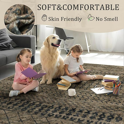 4x6 Machine Washable Area Rug for Living Room, Brown Black Vintage Moroccan Rug Large Non-Slip Low Pile Soft Faux Wool Carpet, Kids and Pets Friendly for Bedroom Dining Room Farmhouse Home Decor Rug