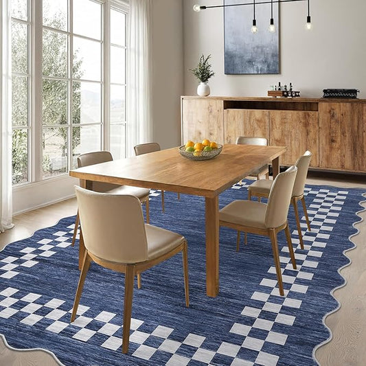 GarveeHome Washable Rug 5x7 for Living Room Large Bedroom Scalloped Rug Non Slip Stain Resistant Modern Border Throw Carpet Soft Boho Rug for Dining Room Nursery Home Office, Blue