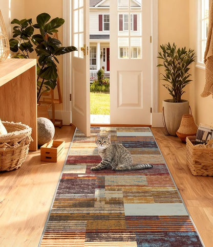 YIHOUSE Brown Runner Rug 2x6 for Hallway, Farmhouse Rugs Washable,Vintage Burgundy Carpets,Burnt Orange Area Rug Non Slip,Geometric Boho Rug for Kitchen