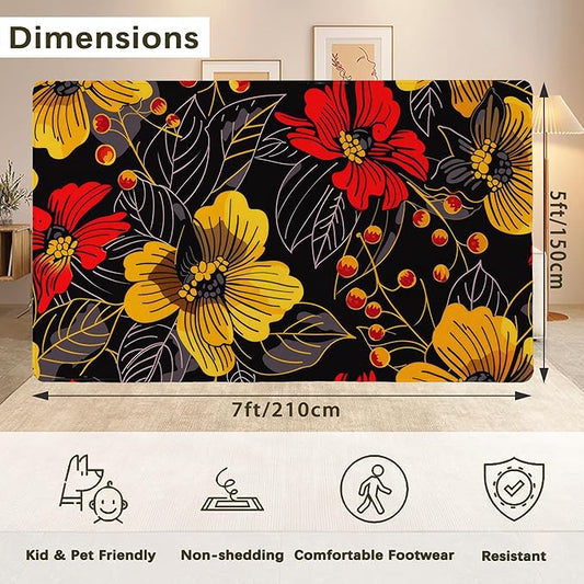 Black Floral Washable Living Room Area Rug, Low Profile Abstract Pattern, Non-Slip Backing Carpet for Kitchen, Bedroom, Dining Room