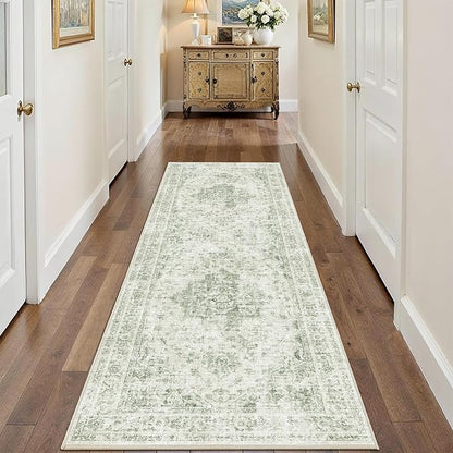 2x6 Hallway Washable Runner Rug Vintage Non-Slip Soft Kitchen Mat Boho Medallion Distressed Farmhouse Carpet Floral Low Pile Indoor Throw Rug for Entryway Bathroom Living Room Bedroom, Green