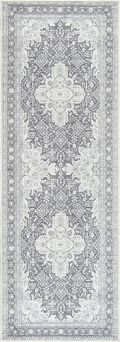 Bloom Rugs Washable Non-Slip 10 ft Runner - Charcoal Blue Traditional Medallion Runner for Entryway, Hallway, Bathroom, and Kitchen - Exact Size: 2.5' x 10'