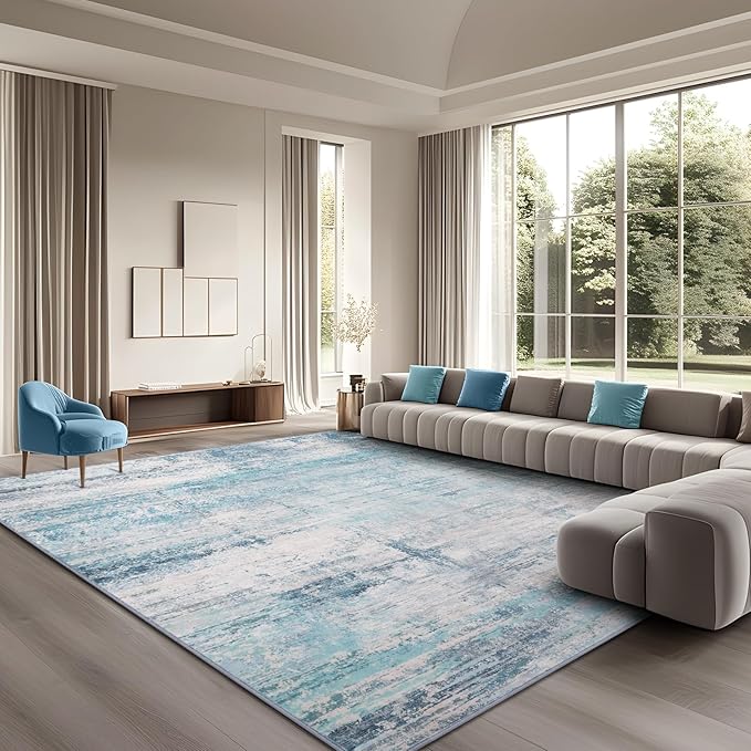 Abstract 8x10 Area Rug Washable Soft Large Non-Slip Carpet for Living Room Dining Room Home Office Bedroom - Abstract Teal/Grey