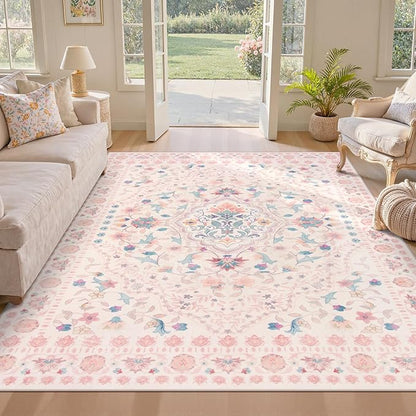 Wonnitar Boho Floral 8x10 Pink Area Rug, Washable Kids Rugs for Bedroom, Large Ultra-Thin Soft Non Slip Carpet for Nursery Living Room Playroom Classroom, Pastel Pink