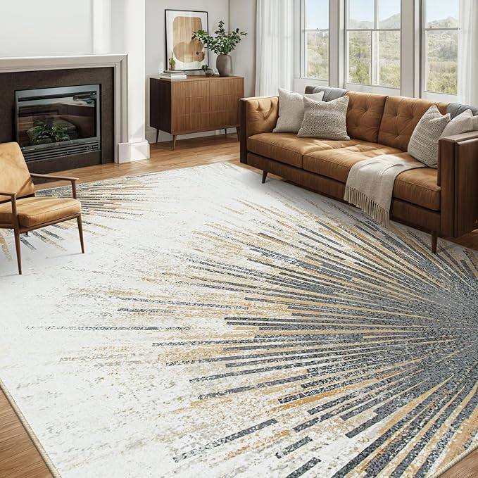Lahome Modern Washable Area Rugs 8x10 - Ultra-Thin Non-Slip Soft Velvet Abstract Living Room Rug Starburst Floor Rugs, Abstract Print Washable Rug for Dining Room Table Office (Gold/Gray, 8'x10')