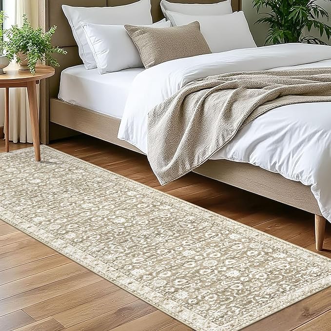 Vintage Floral 2x7 Runner Rug, Beige Tan White Washable Kitchen Runner Rug Non-Slip Hallway Rug Runner Super Soft Thin Printed Faux Wool Carpet for Entryway Bedroom Laundry Room Indoor