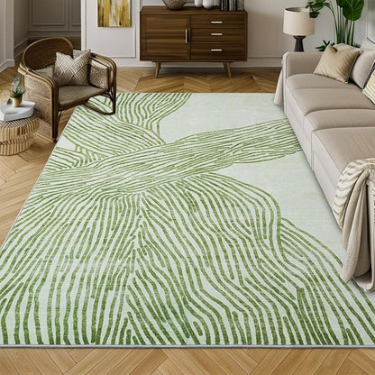 YIHOUSE Green Rug for Living Room, 6×9 Modern Abstract Area Rug, Geometric Contemporary Wave Striped Rugs for Playroom Nursery, Washable Nonslip Large Ultra-Thin Rug for Bedroom Dining Room