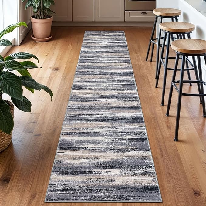 Modern Abstract Runner Rug 2x10, Grey Black Multi Washable Long Kitchen Runner Non-Slip Soft Hallway Rug Runner Thin Print Faux Wool Carpet for Entryway Bedroom Laundry Room Indoor Home Decor