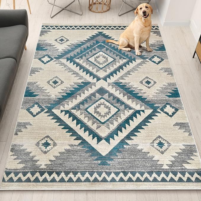 YHSF South West Native American Rug Ritz – Native Tribal American Indian Inspired Rug - Living Room, Bedroom, Hallway, Entryway & High-Traffic Area Rugs - Washable - Soft - Aqua, 8 Feet x 10 Feet