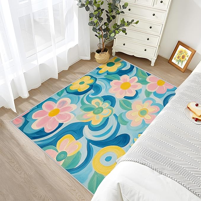 6x9 Rug Washable - Floral Rug for Bedroom, Modern Artistic Flower Non Slip Low Pile Area Rugs for Living Room, Floral Carpets Home Decor & Gifts