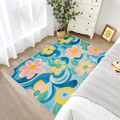 Floral Rugs for Living Room - 5x6ft - Modern Artistic Flower Rug for Bedroom Non Slip Low Pile Machine Washable Area Rugs, Floral Carpets House Decor & Gifts