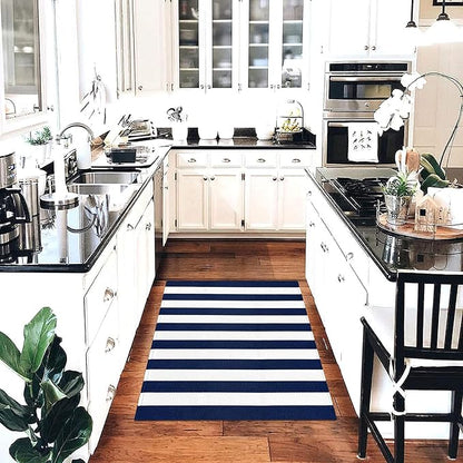 KOZYFLY Striped Outdoor Rug 3x5 Ft Front Door Rug Navy and White Hand Woven Cotton Blue Washable Outdoor Doormats Outdoor Entrance Mat for Front Door Kitchen Entryway Patio Front Porch Decor