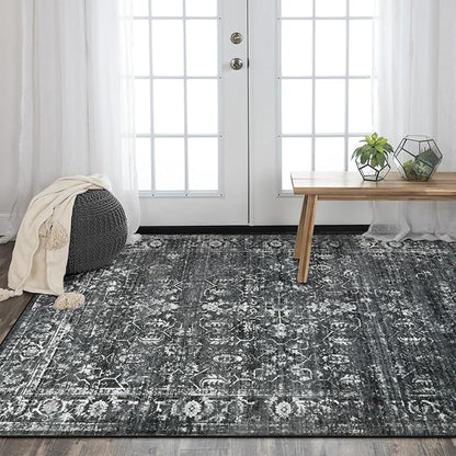 Morebes Washable Black 5x7 Area Rugs for Bedroom Non-Slip, Vintage Floral Rugs for Living Room, Soft Distressed Indoor Floor Retro Boho Throw Carpet for Dorm Playroom Home Office Foyer