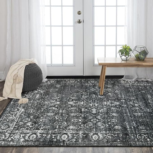Morebes Washable Black 5x7 Area Rugs for Bedroom Non-Slip, Vintage Floral Rugs for Living Room, Soft Distressed Indoor Floor Retro Boho Throw Carpet for Dorm Playroom Home Office Foyer