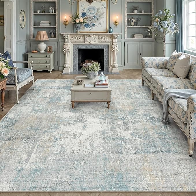 10x12 Area Rug Blue Cream Abstract Living Room Bedroom Washable Carpet Neutral Modern Non-Slip Soft Low Pile Lightweight Vacuumable Large Throw Rug for Dining Room