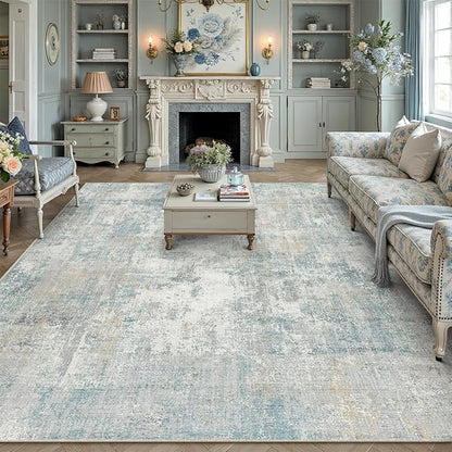 10x12 Area Rug Blue Cream Abstract Living Room Bedroom Washable Carpet Neutral Modern Non-Slip Soft Low Pile Lightweight Vacuumable Large Throw Rug for Dining Room