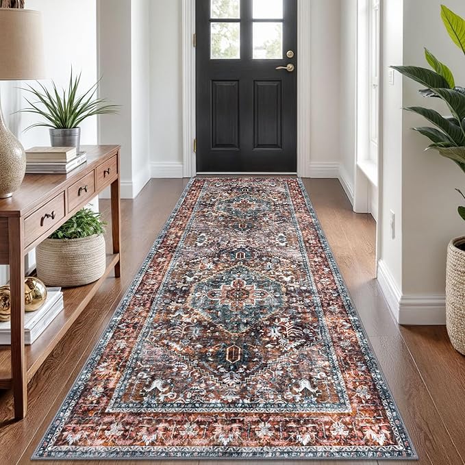 KOZYFLY Area Rug 3x8 Ft Washable Boho Runner Rug for Entryway Hallway Indoor Printed Oriental Faux Wool Carpet for Kitchen Bedroom Hall, Brick Red/Orange/Green