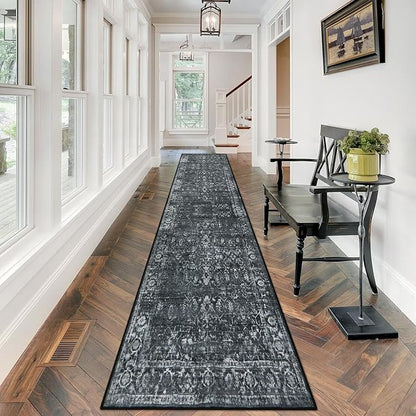 Morebes Black Vintage Carpet Runners for Hallway 12ft,Washable Long Runner Rug for Kitchen Indoor Floor Non-Slip,Distressed Super Soft Throw Carpet for Entryway Bathroom Dining Room Playroom