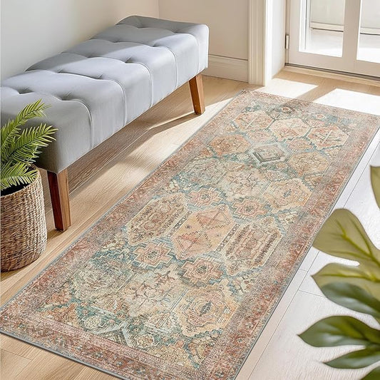 Bavni Runner Rug 2x10 Kitchen Rug for Hallways Entryway, Washable Rug Vintage Print Carpet, Ultra-Thin Chenille Low Pile Lightweight Rug with Non Slip Backing, Clay