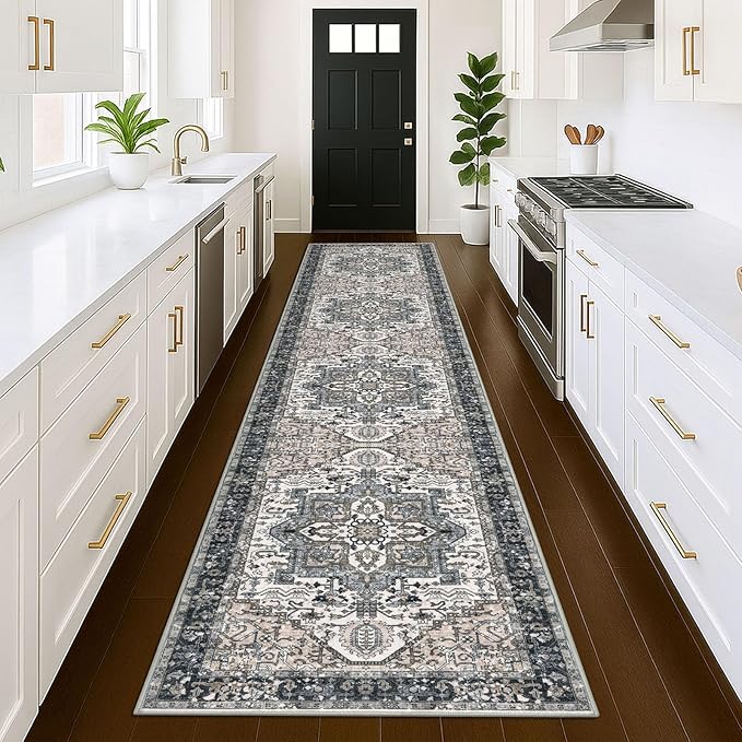 KOZYFLY Runners for Hallways 3x12 Ft Extra Long Washable Faux Wool Thin Hallway Rug Boho Runner Carpet Printed Entryway Rug for Bedroom Stairs Kitchen Living Room Hall, Black/Taupe/Beige