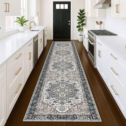 KOZYFLY Runners for Hallways 3x12 Ft Extra Long Washable Faux Wool Thin Hallway Rug Boho Runner Carpet Printed Entryway Rug for Bedroom Stairs Kitchen Living Room Hall, Black/Taupe/Beige