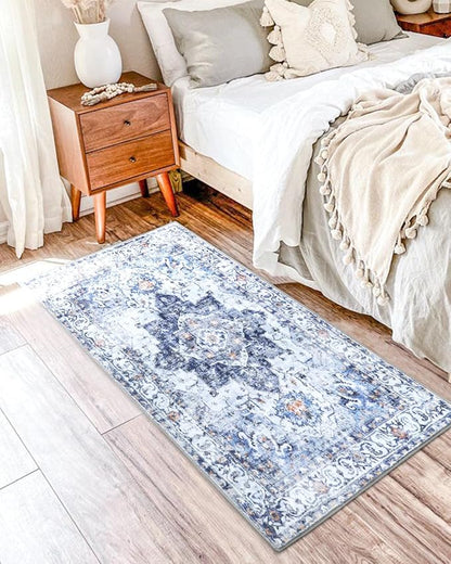 COMSLE Washable Door Mat, Front Door Mat Indoor Faux Wool Absorbent Small Rugs for Entryway Distressed Throw Rug Non-Slip Accent Floor Carpet for Entrance Bedroom, 24X48 Inches Blue
