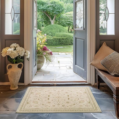 EVERGRACE Area Rugs for Entryway 2x3, Boho Floral Faux Wool Indoor Outdoor Small Rugs, Washable Rugs for Bedroom Bathroom Laundry Doormat, Low Pile Floor Mat Carpet for Home Decor, Natural Beige