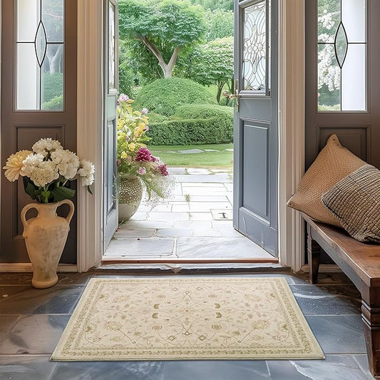 EVERGRACE Area Rugs for Entryway 2x3, Boho Floral Faux Wool Indoor Outdoor Small Rugs, Washable Rugs for Bedroom Bathroom Laundry Doormat, Low Pile Floor Mat Carpet for Home Decor, Natural Beige