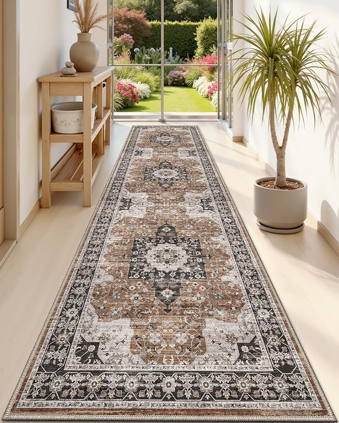 DEXI Hallway Runner Rug 3x7, Distressed Non Slip Runners Carpet, Boho Vintage Soft Thin Indoor Rug, Stain Resistant Washable Entry Mat for Entryway Kitchen Laundry Room Living Room, Brown