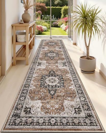 DEXI Hallway Runner Rug 3x12, Distressed Non Slip Runners Carpet, Boho Vintage Soft Thin Indoor Rug, Stain Resistant Washable Entry Mat for Entryway Kitchen Laundry Room Living Room, Brown