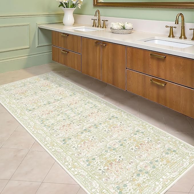Lunasun Sage Green Long Bedroom Bedside Runner Rugs, 2x6 Non Slip Boho Floral Throw Rug for Kitchen, Hallway, Indoor Entrance, Foyer, Bathroom - Farmhouse Thin Front Door Low Pile Mat