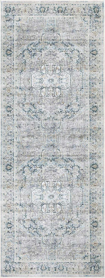Bloom Rugs Washable Non-Slip 7 ft Runner - Cream/Light Blue/Teal Traditional Medallion Runner for Entryway, Hallway, Bathroom, and Kitchen - Exact Size: 2.5' x 7'