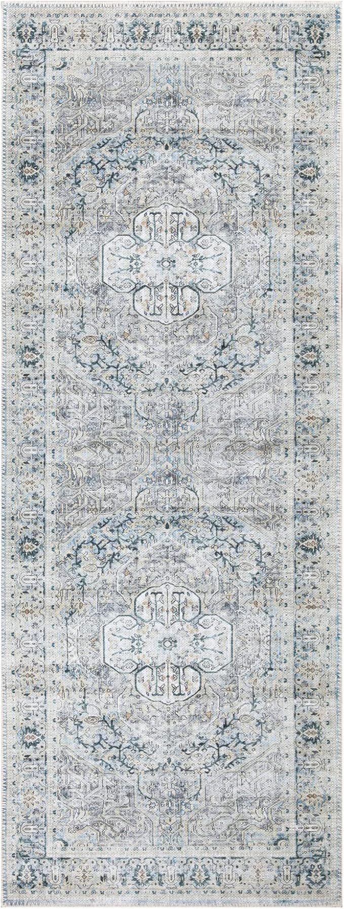 Bloom Rugs Washable Non-Slip 12 ft Runner - Cream/Light Blue/Teal Traditional Medallion Runner for Entryway, Hallway, Bathroom, and Kitchen - Exact Size: 2.5' x 12'