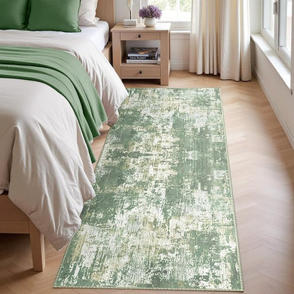 Washable Area Rugs 2'x8' Non-Slip Modern Abstract Soft for Living Room Entryway Bedroom Nursery, Print Pattern, Light Green/Yellow