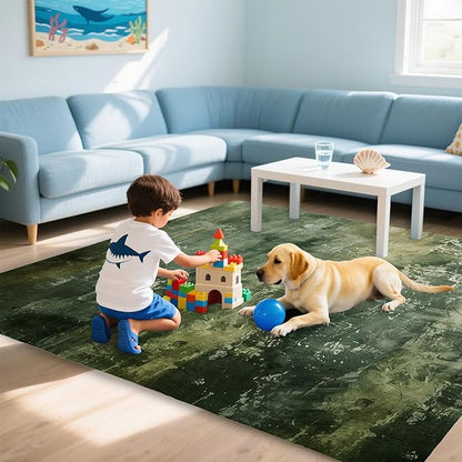 Green Vintage Distressed Carpet for Living Room, 5x7 Non-Slip Washable Low Pile Abstract Design Rug, Space Saving Area Rug for Bedroom, Dining Room