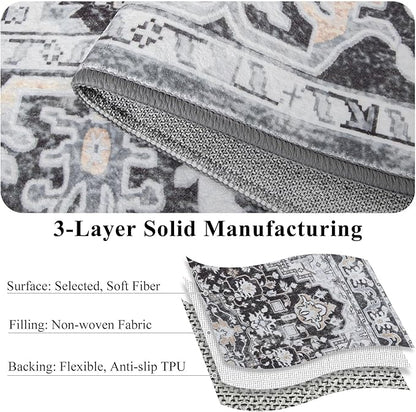 8x10 Large Area Rugs for Living Room, Washable Vintage Rugs-Low Pile Carpet, Non-Slip Soft Distressed Printed Patterns Rugs for Bedroom, Dining Room, Black