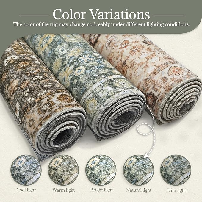 Washable Area Rugs 5'x7' Non-Slip Vintage Boho Distressed Fade Resistant Low Pile Carpet for High-Traffic Living Room, Bedroom & Dining Room
