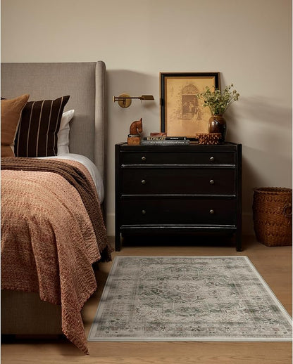 RUGGABLE Washable Vintage Area Rug – Sarrah Sage 3x5, Stain-Resistant, Non-Slip – Small Machine Washable Rugs for Living Room, Bedroom, Hallway, Entryway & Office–with Cushioned Pad