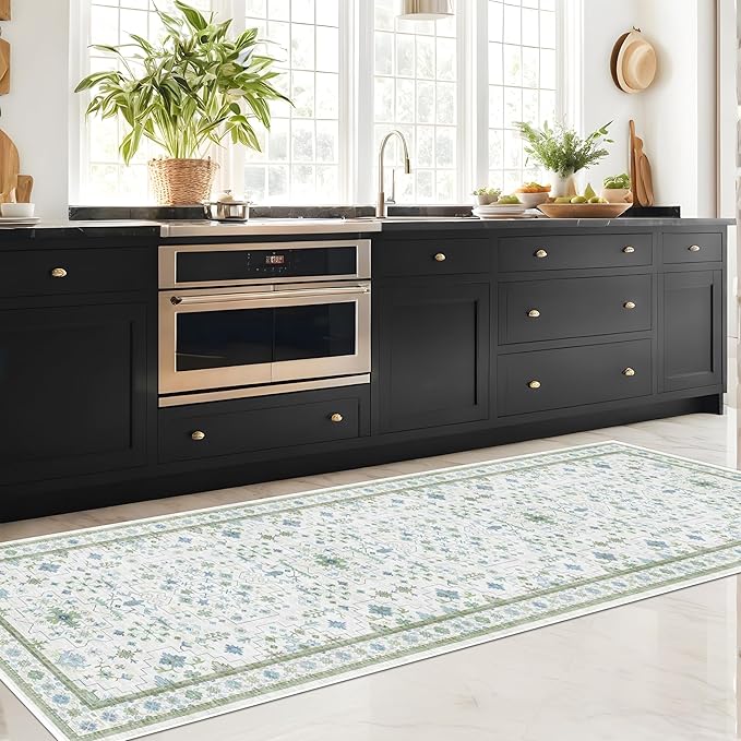 Oushak 3x20 Wide Hallway Runner Rug - Vintage Turkish Floral, Washable Low Pile Non Slip 20ft Extra Long Runners for Large Kitchen, Hall Way - Blue and Green Décor