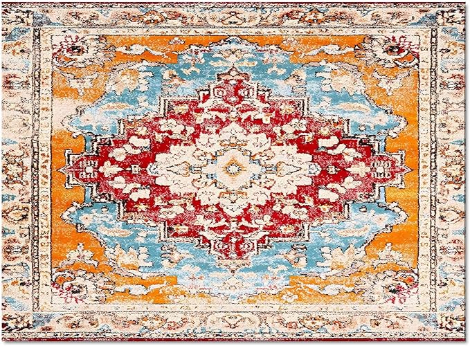 Bohemian Pattern Rectangular Area Rugs for Living Room Bedroom 2.8 x 5 ft Red & Orange Abstract Non-Shedding Soft Low Pile Rug Non Slip Washable Rug for Nursery Entryway Playroom