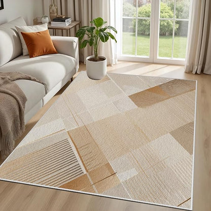 Minimalist Abstract Area Rug 5x6 Brown Boho, Modern Washable Stripe Art Rugs, Soft Non-Slip Low-Pile Carpet for Living Room, Bedroom, Kitchen, Dining Room, Pet Friendly, Non-Shedding, Beige