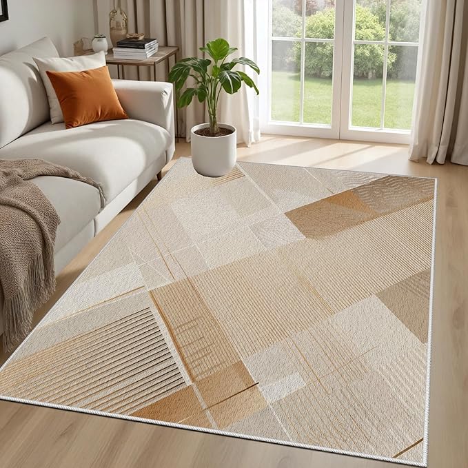 Minimalist Abstract Area Rug 5x7 Brown Boho, Modern Washable Stripe Art Rugs, Soft Non-Slip Low-Pile Carpet for Living Room, Bedroom, Kitchen, Dining Room, Pet Friendly, Non-Shedding, Beige
