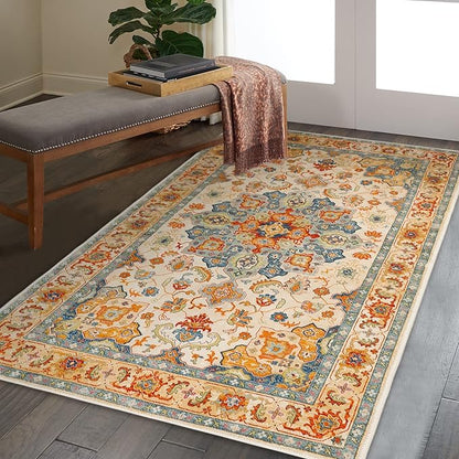 COMSLE Boho Area Rug, 3' x 5' Machine Washable Rugs for Entryway Faux Wool Large Rugs Distressed Throw Rug Non-Slip Floor Carpet for Indoor Bedroom Kitchen Living Room