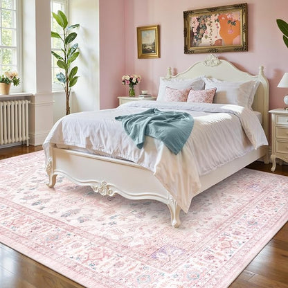 LIVEBOX Pink Washable Area Rug 8x10 - Large Vintage Tribal Living Room Rug Oriental for Bedroom, Non-Slip Retro Medallion Carpet Print Distressed for Dining Room Nursery Dorm Home Decor
