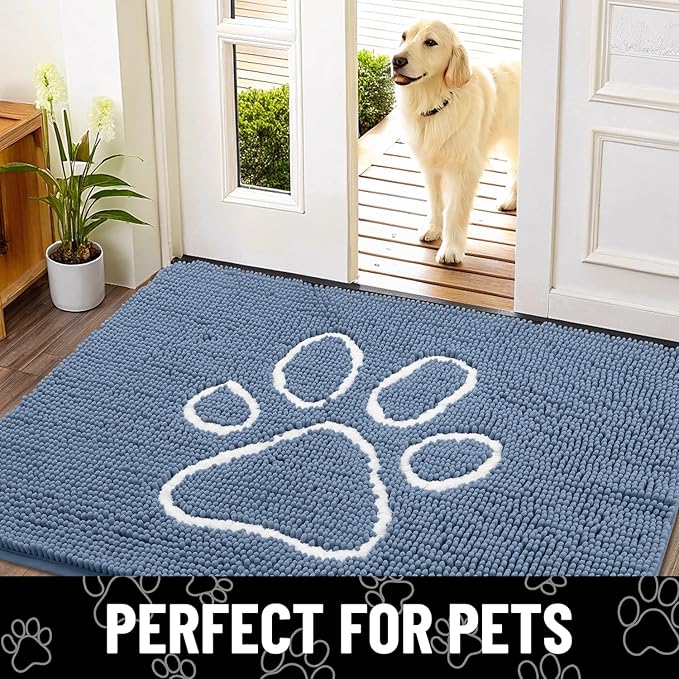 Smiry Dog Door Mat for Muddy Paws, Absorbent Dirt Trapper Non Slip Quick Dry Washable Chenille Mat for Mud Dogs, Entry Rug for Indoor and Outdoor (24x16 Inches, Airy Blue and White)